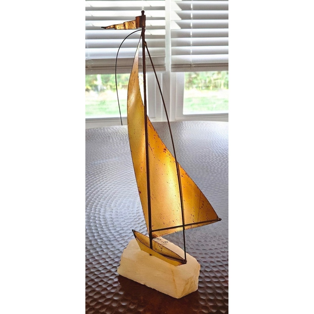 Vintage DeMott Signed Brass Sailboat 13" • Onyx Base • MCM Fluid Lines